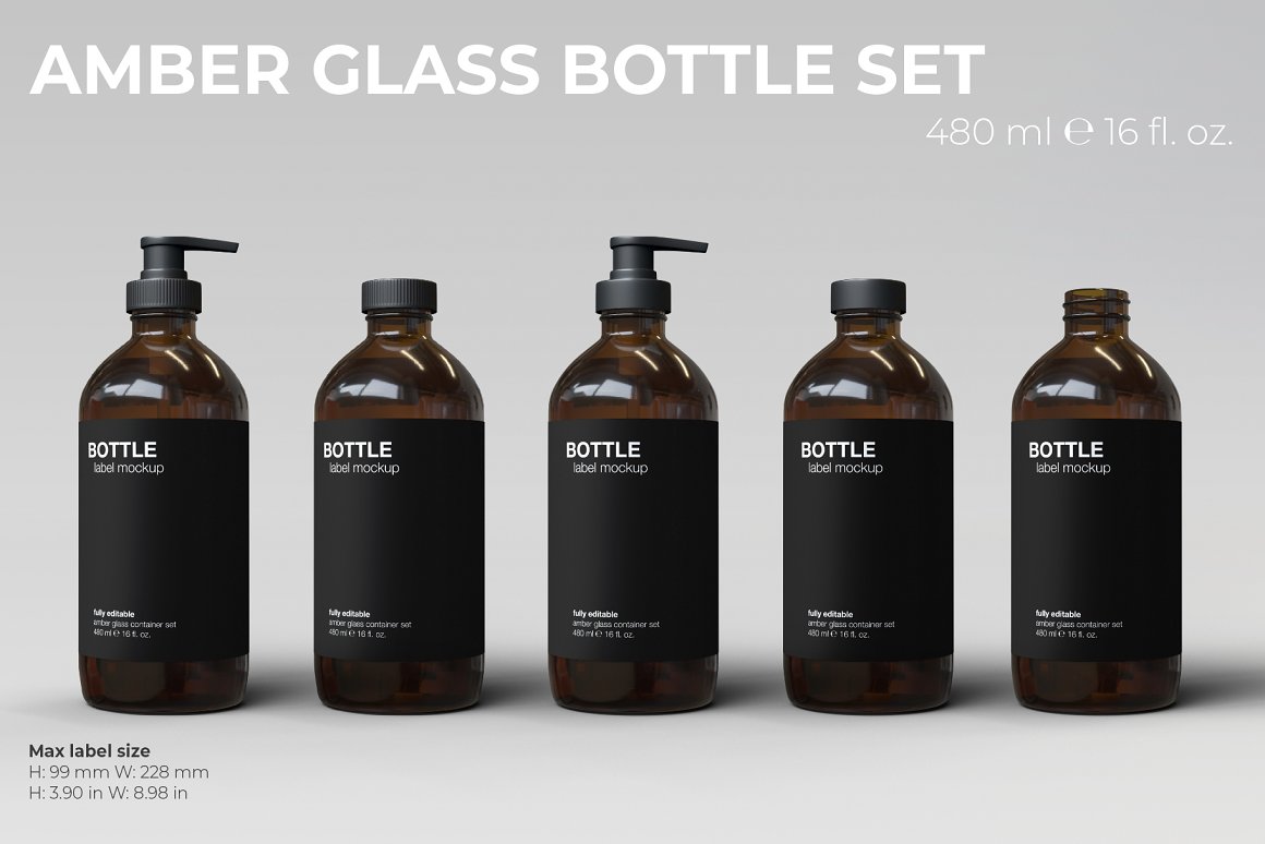 Big size Amber glass set with black labels of 2 bottles with black dispensers, 2 bottles with black lids and a unlidded bottle.