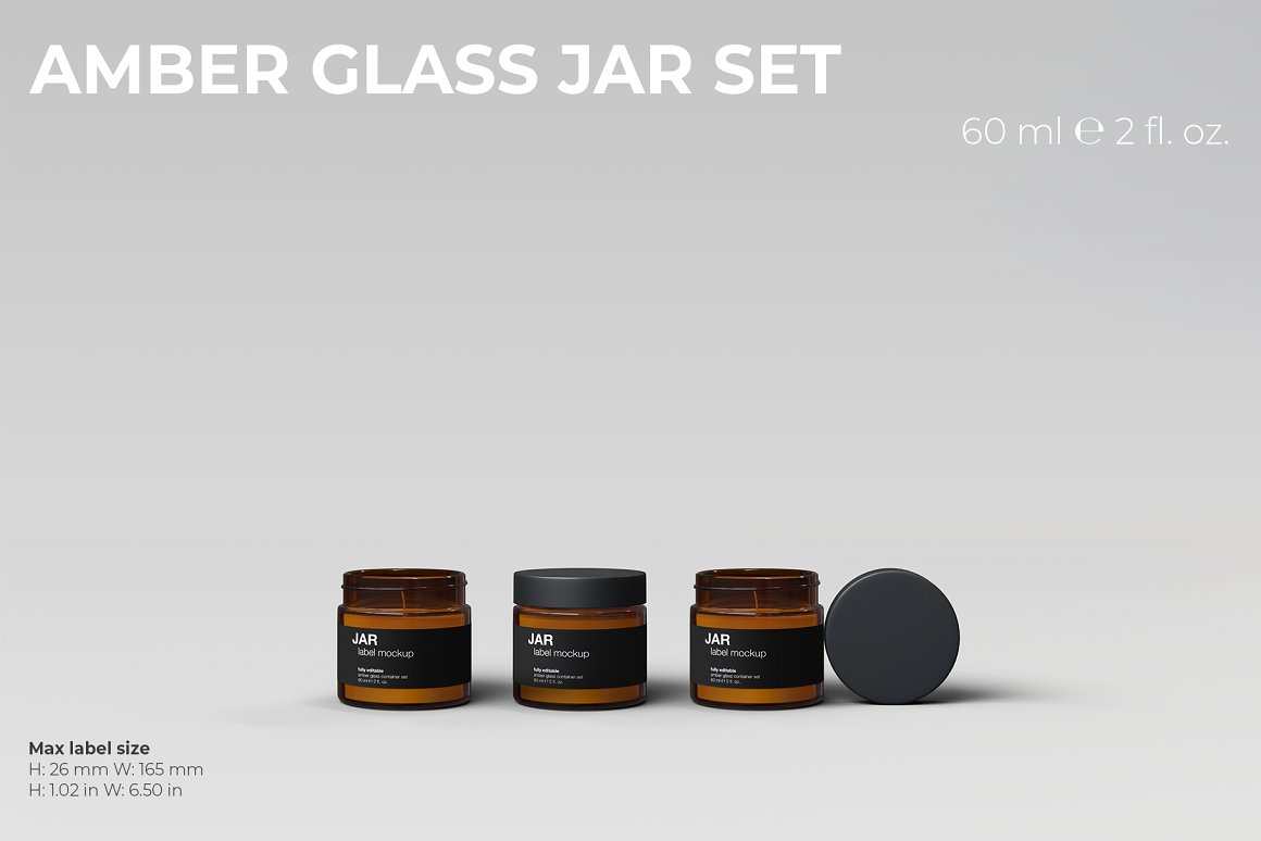 3 amber glass jars small size with black labels and black lids.