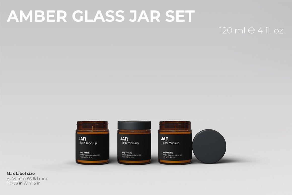 3 amber glass jars with black labels and black lids.