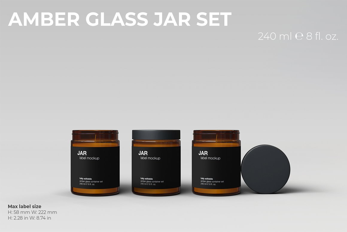 3 amber glass jars big size with black labels and black lids.