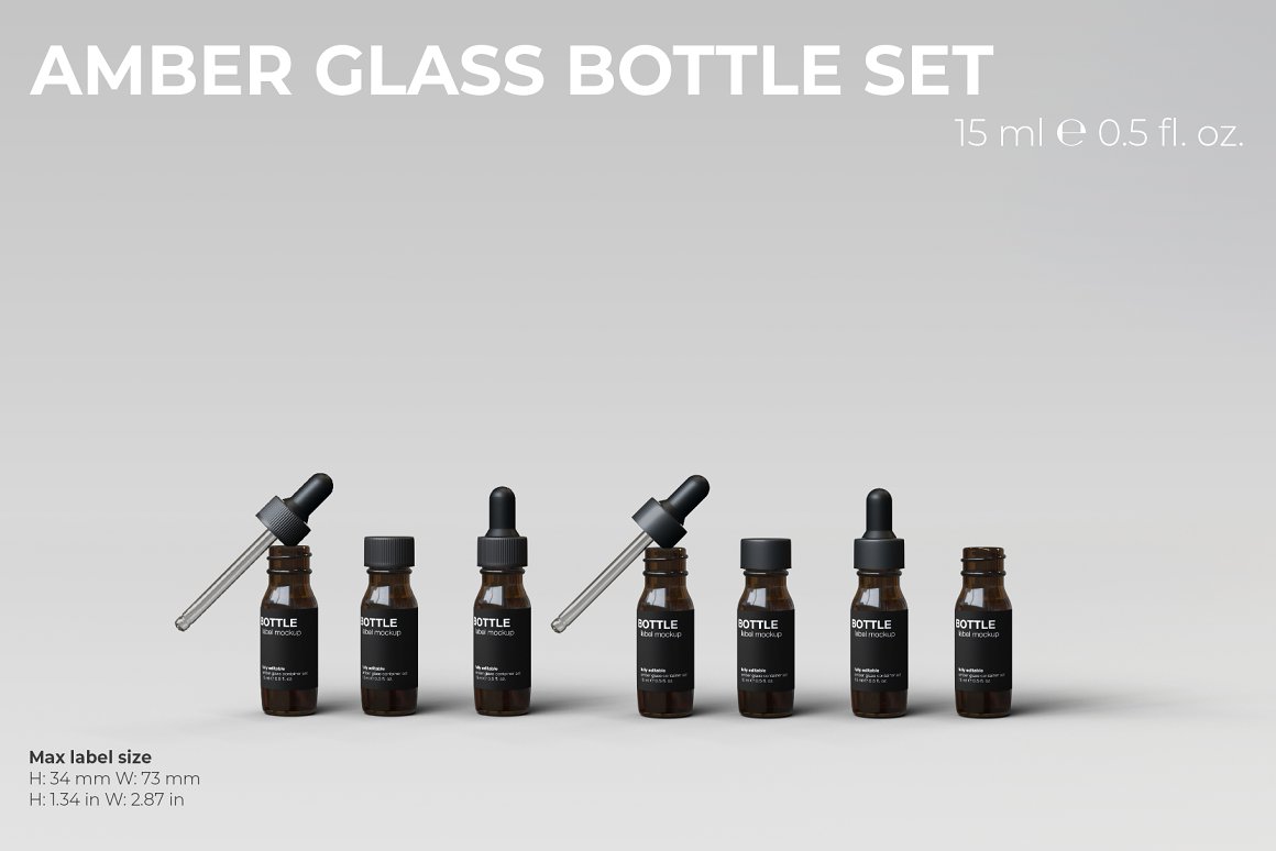 7 small serums in amber glass with black labels and black lids/pipettes.
