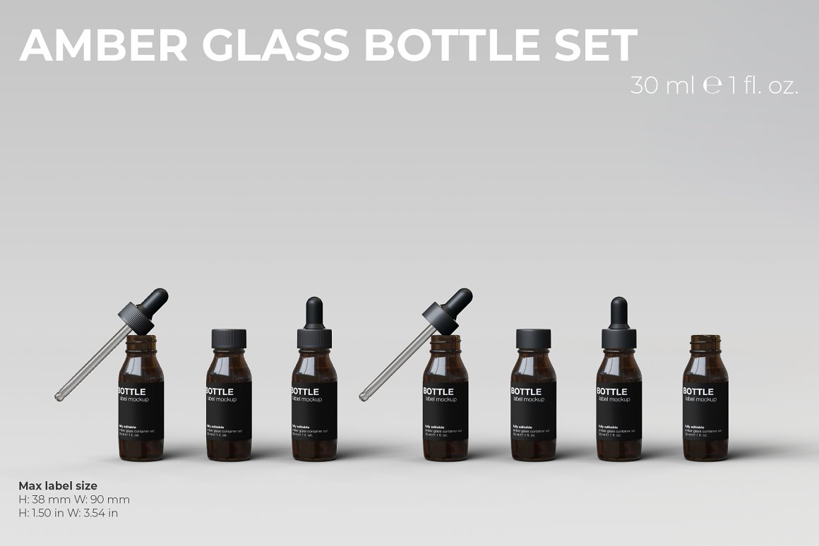 7 serums in amber glass with black labels and black lids/pipettes.