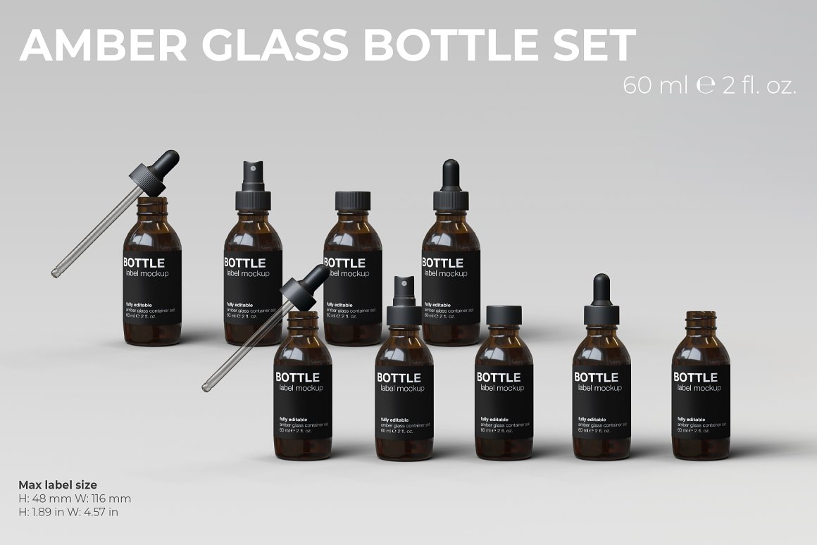 Amber glass set with black labels of 2 sprays, 2 bottles with black lids, unlidded bottle, 4 serums with black pipettes.