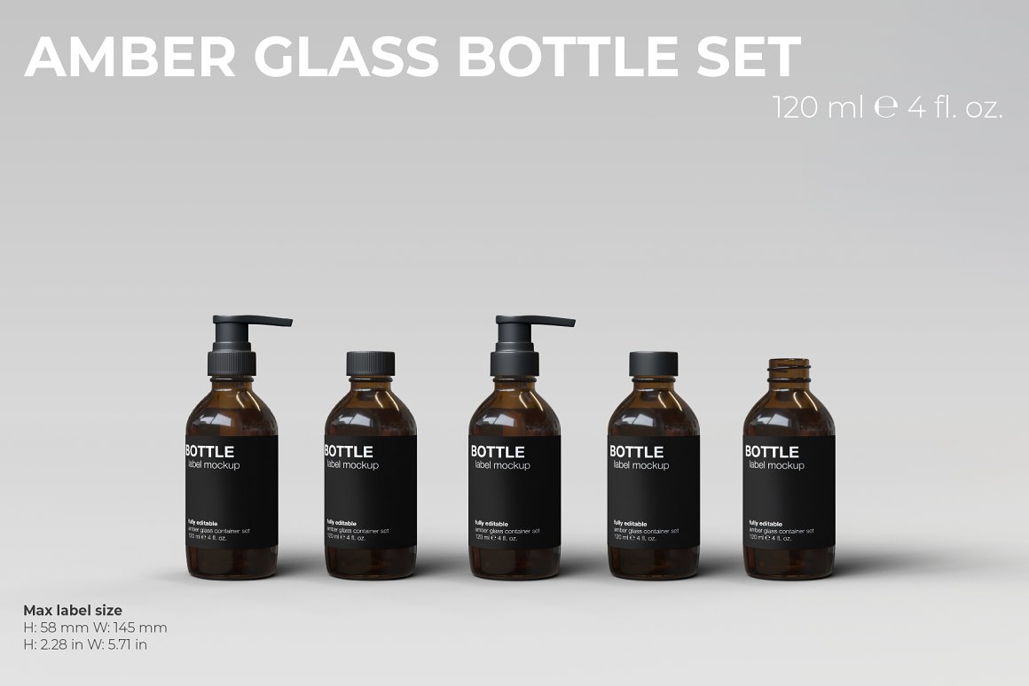 Small size Amber glass set with black labels of 2 bottles with black dispensers, 2 bottles with black lids and a unlidded bottle.
