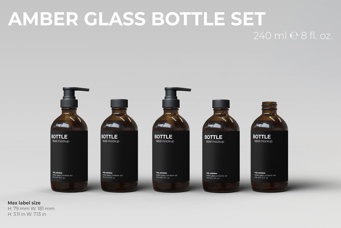 Amber glass set with black labels of 2 bottles with black dispensers, 2 bottles with black lids and a unlidded bottle.
