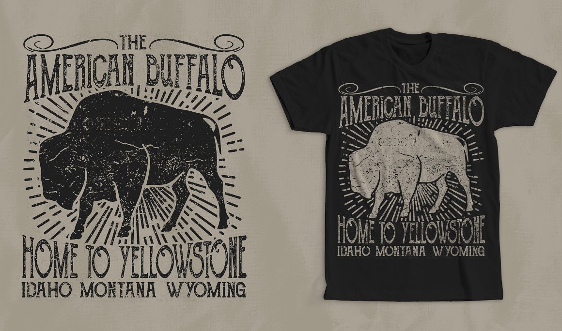Black T-shirt with colorful buffalo print and slogan.