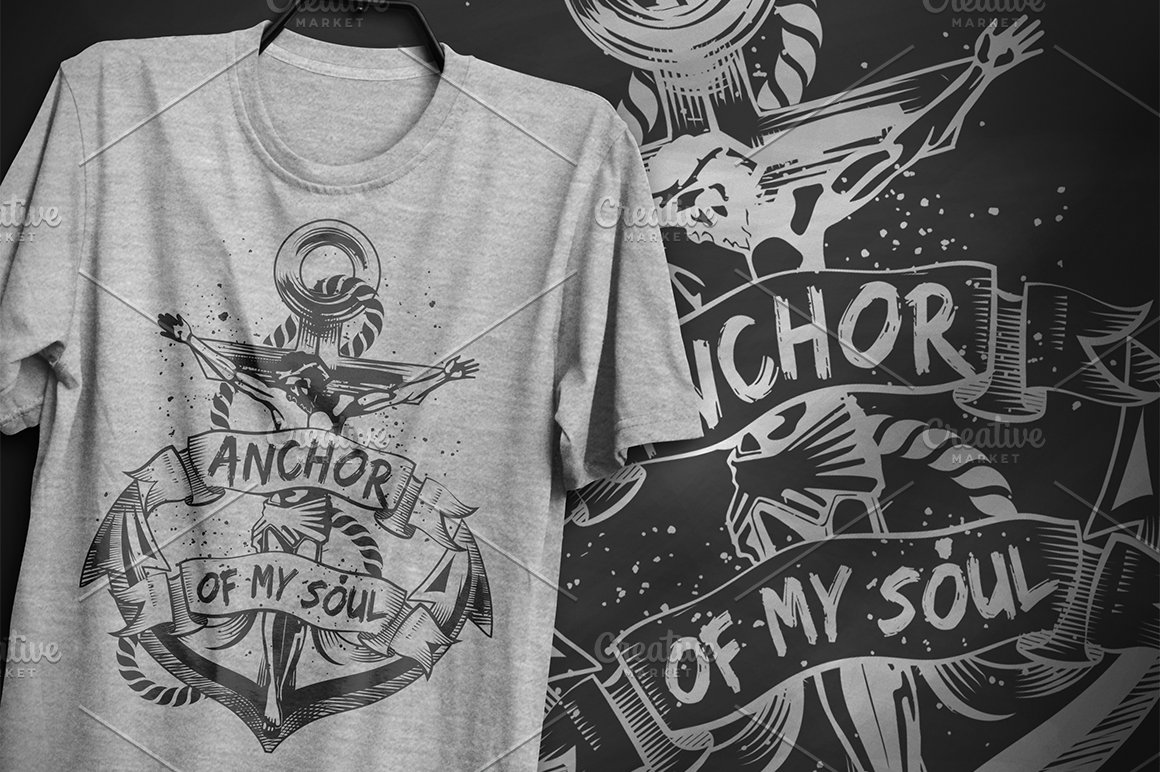 Grey T-shirt with the dark grey lettering "Anchor of my soul".