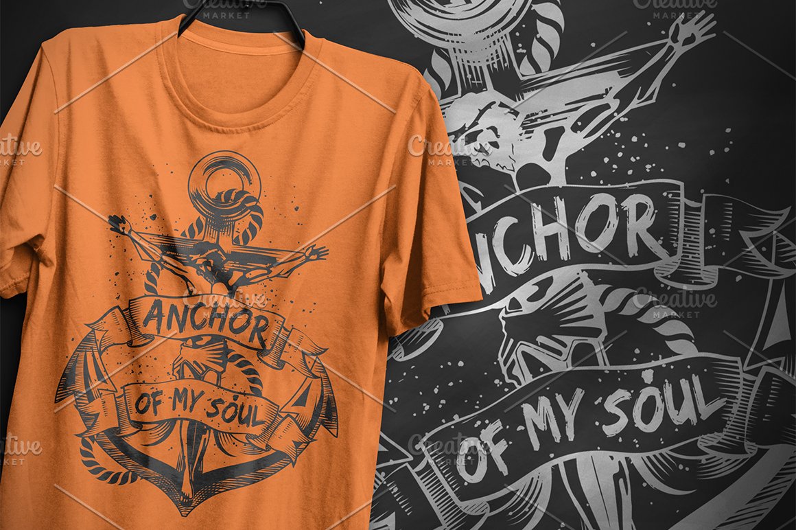 Orange T-shirt with the dark grey lettering "Anchor of my soul".