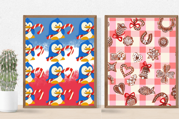 Cactus in a pot and 2 pictures in brown frames - penguins with candy and christmas.