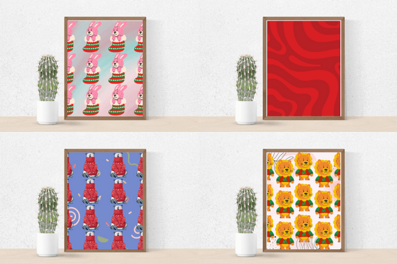 Cactus in a pot and 4 different pictures in brown frames with animals and christmas.