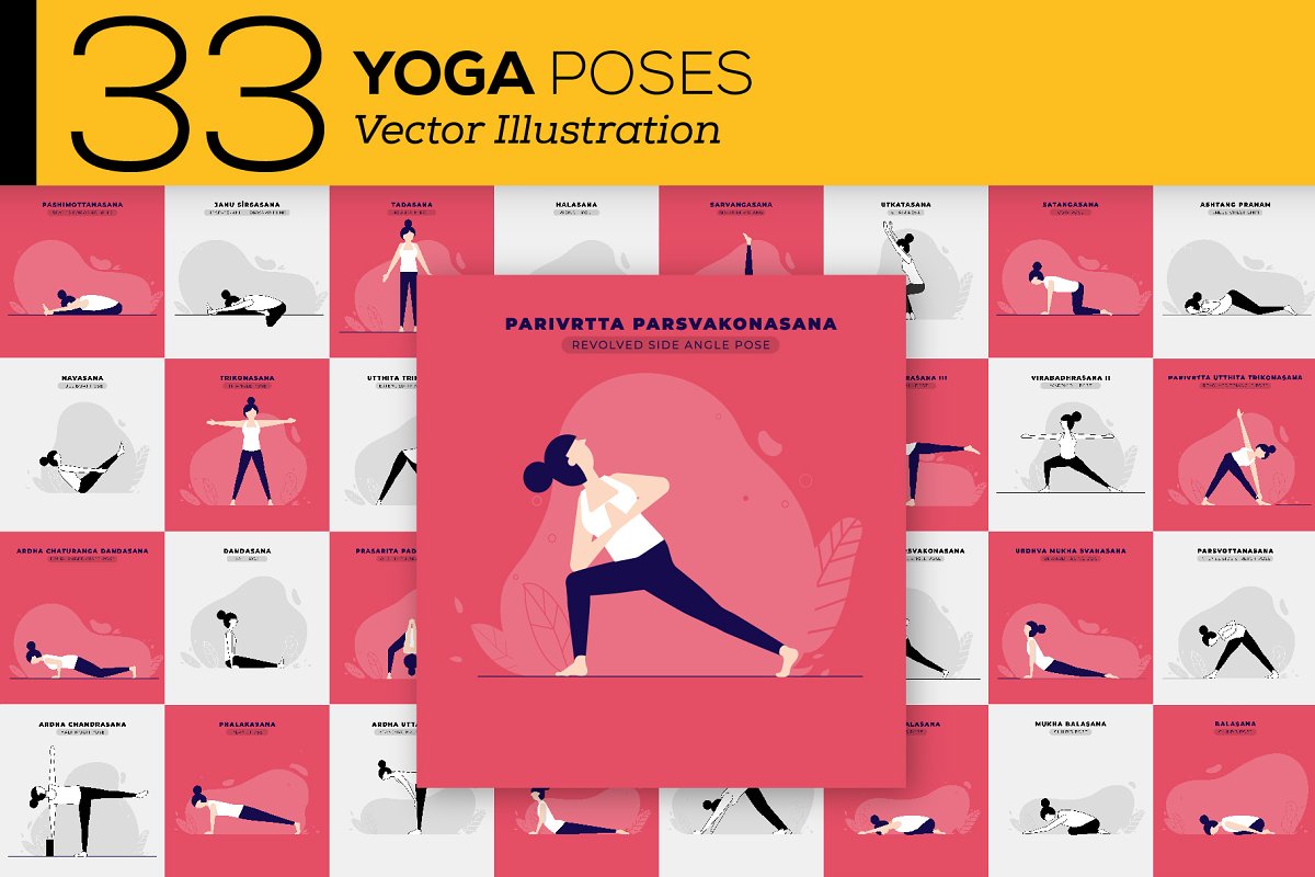 There are a lot of beautiful illustrations of yoga poses.