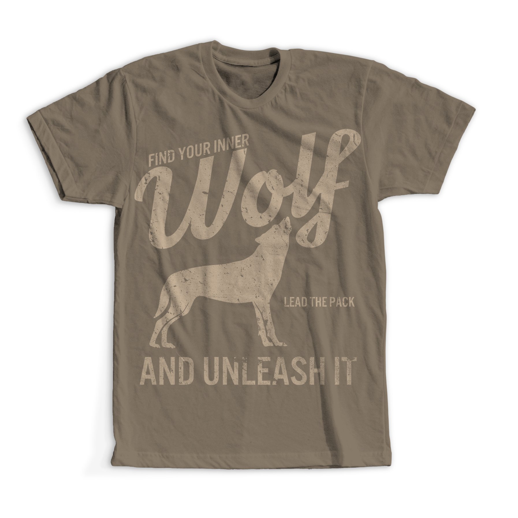 Beige t-shirt with a wolf image.