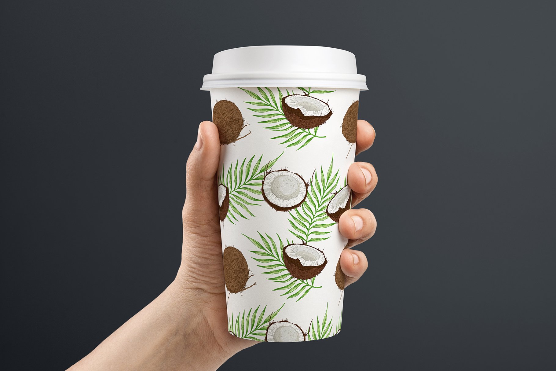 Big paper cup with coconut illustration.