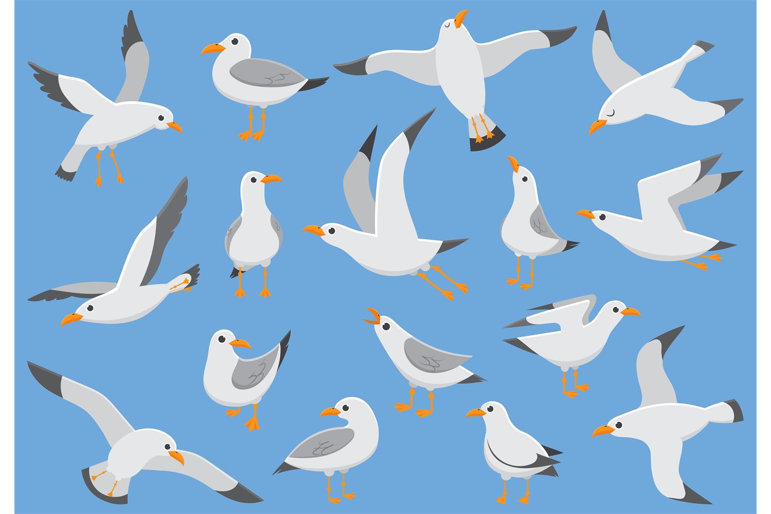 blue background with lots of white birds.