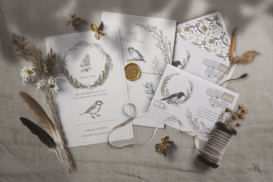 Elegant invitations in a minimalistic style with wreathes.