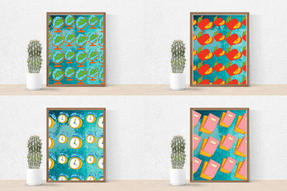 4 different back to school images in brown frames and cactus in a pot.