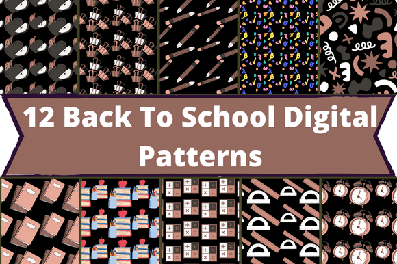 The white lettering "12 Back To School Digital Patterns" on a dark purple background and 10 different back to school images.