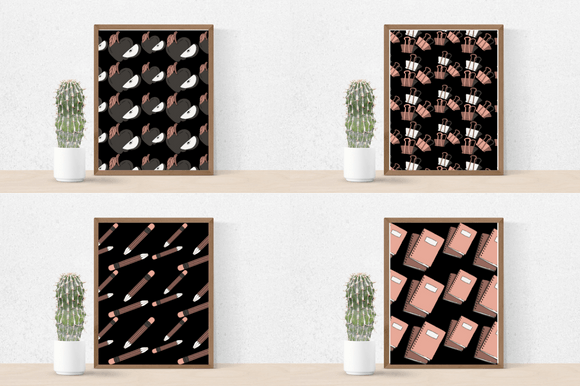 4 different back to school images in brown frames and dark tones and cactus in a pot.