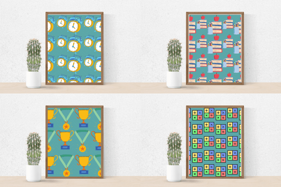 4 different back to school images in brown frames and cactus in a pot.