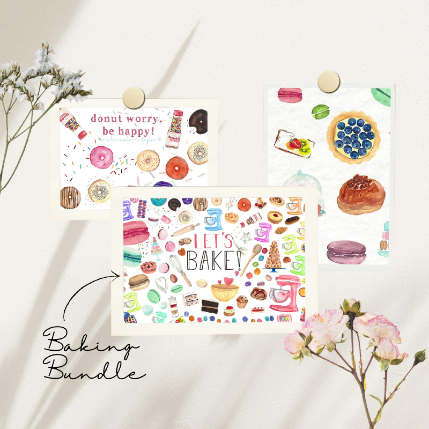 Baking Bundle Watercolor Clipart, Sweets, Treat illustration.