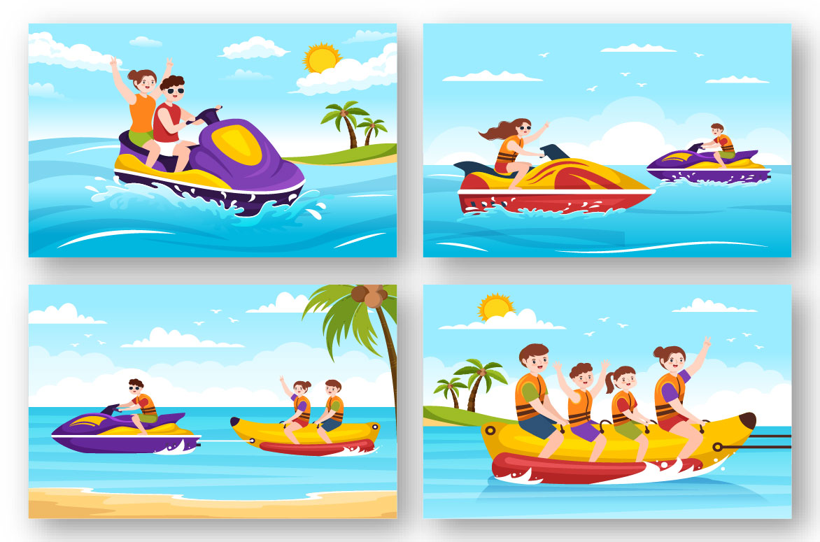 12 Playing Banana Boat and Jet Ski Illustration set.