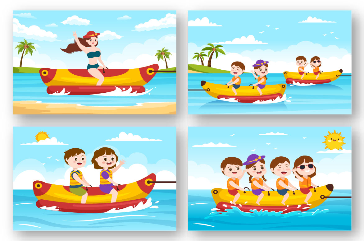 12 Playing Banana Boat and Jet Ski Illustration.