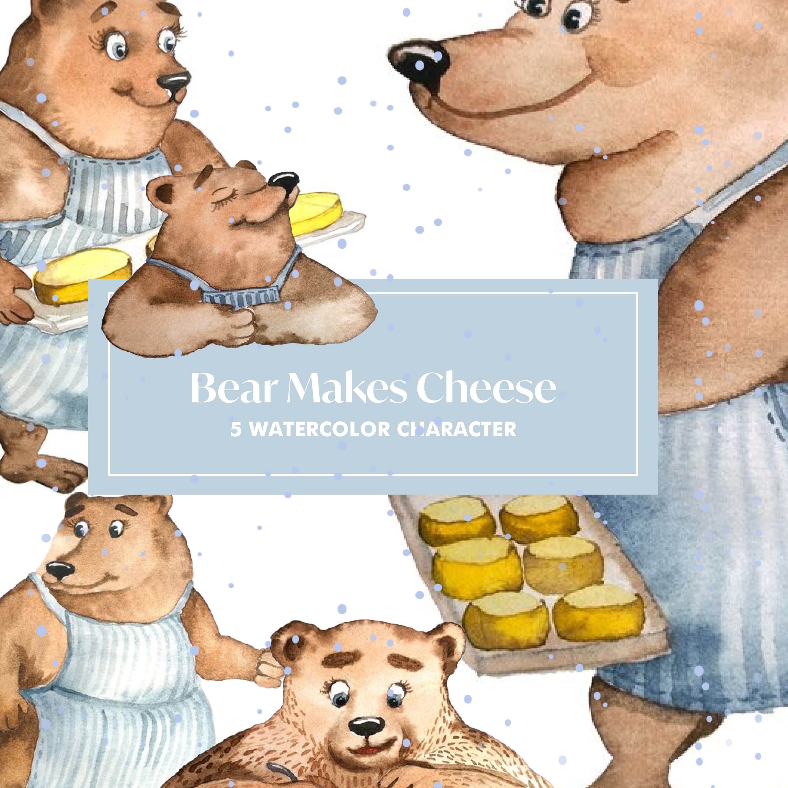Set of images of cartoon bears with cheese.