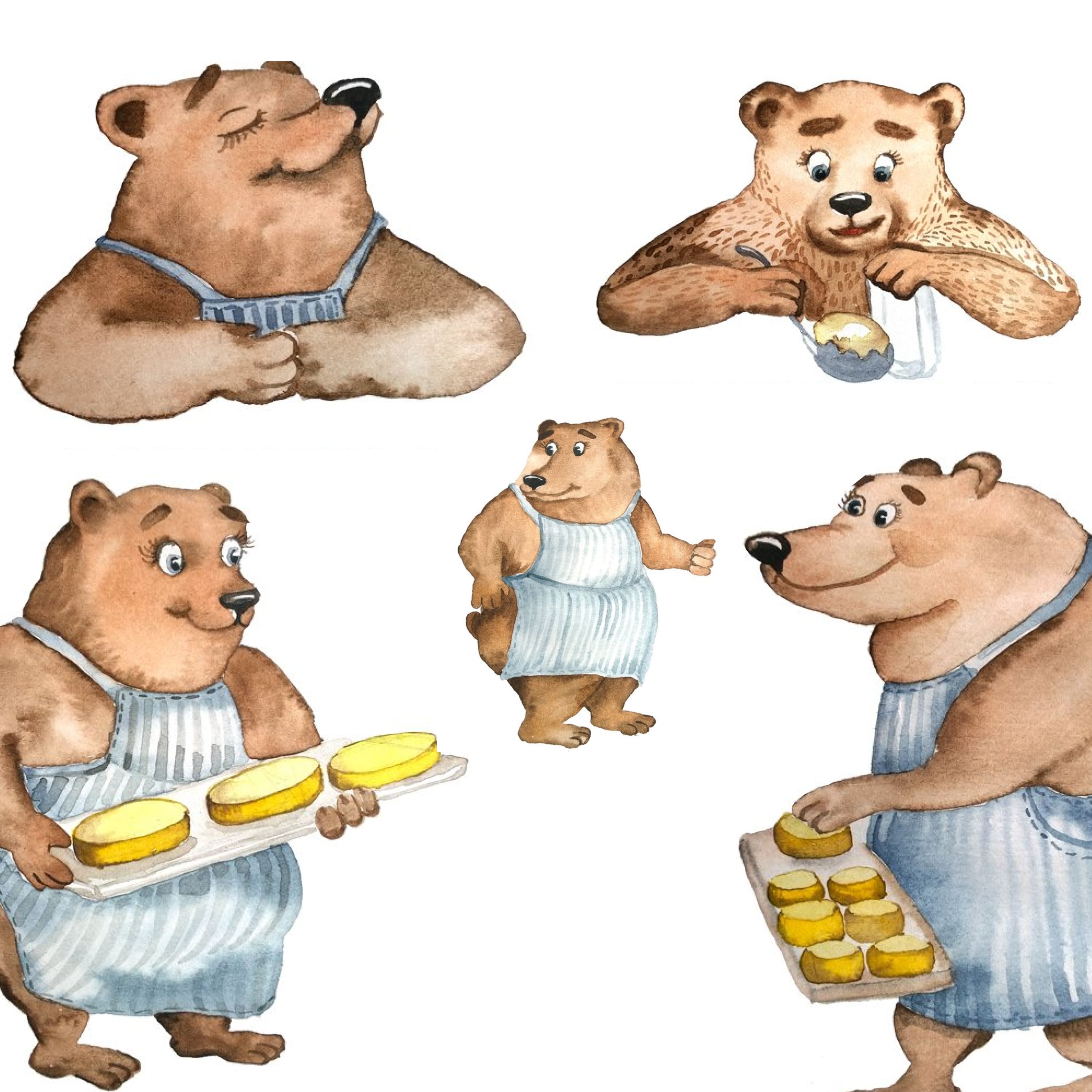 Set of colorful images of cartoon bears with cheese.