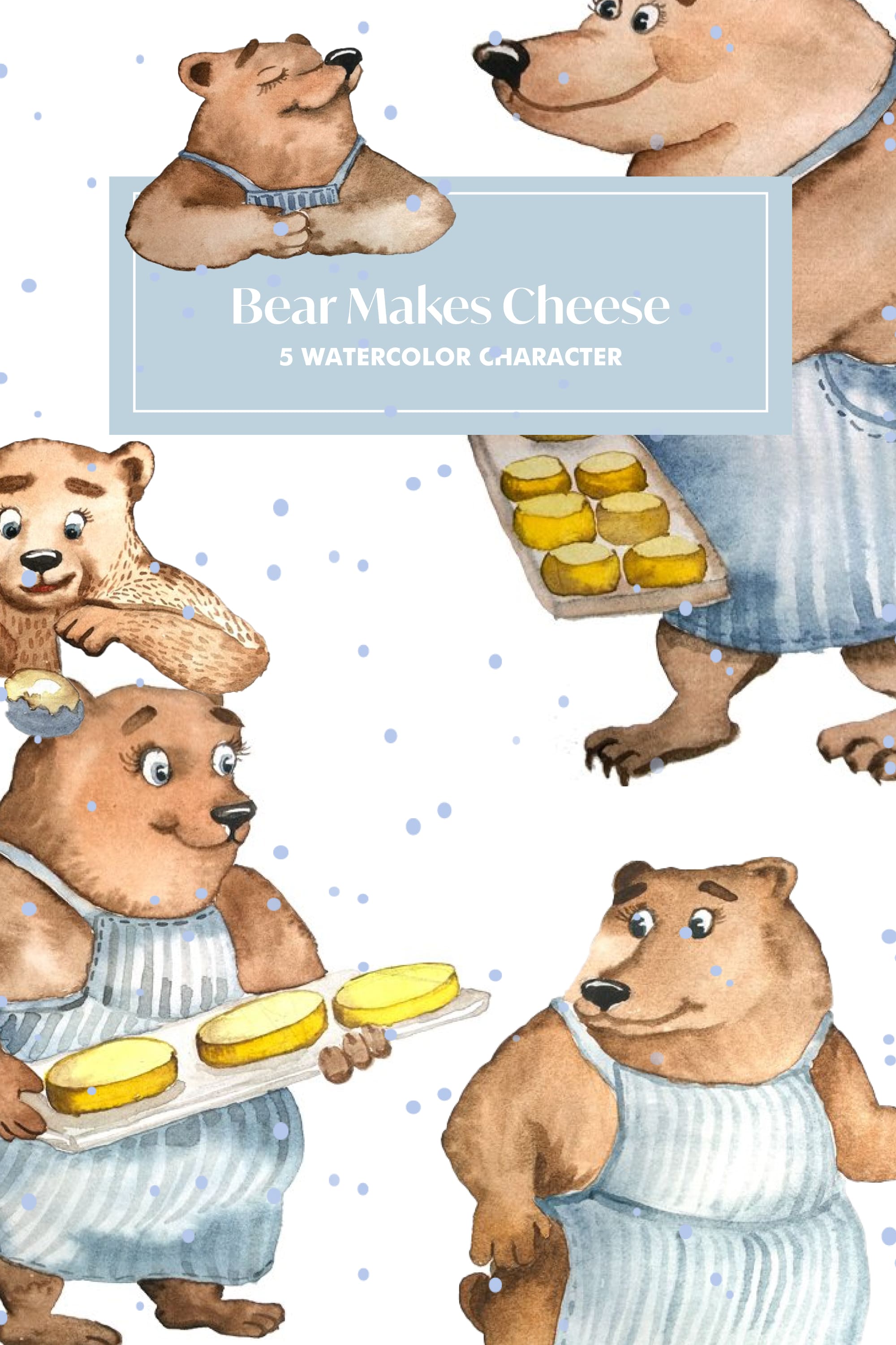 Collection of images of cartoon bears with cheese painted in watercolor.