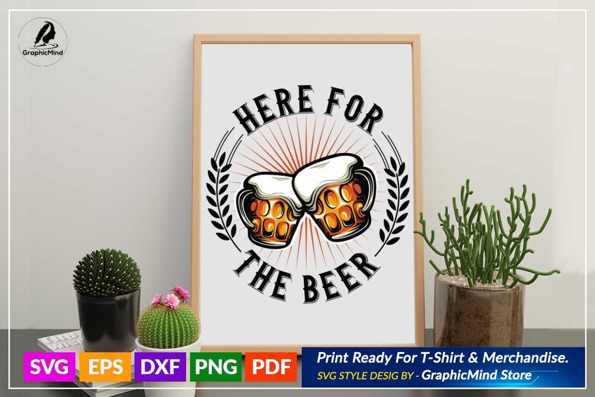 The lettering "Here for the beer" on a white background.
