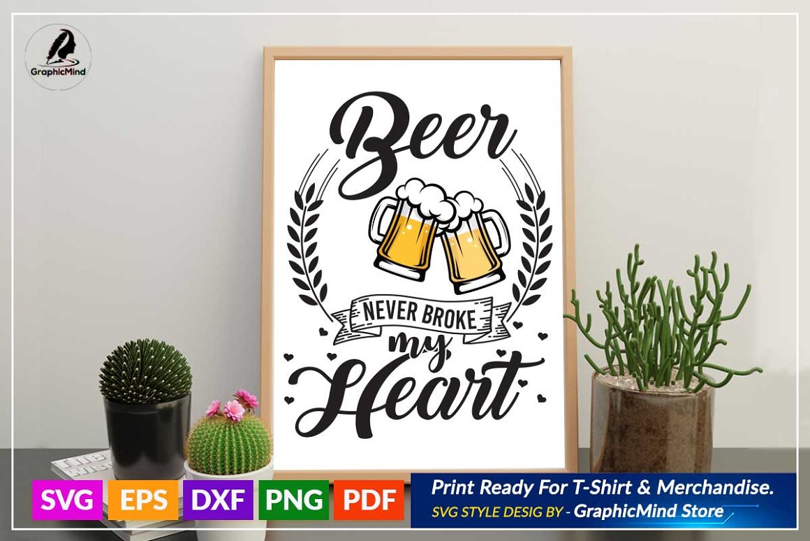 The lettering "Beer never broke my heart" on a white background.