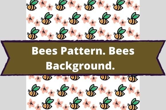 The white lettering "Bees Pattern. Bees Background." on a olive background and a image bees.