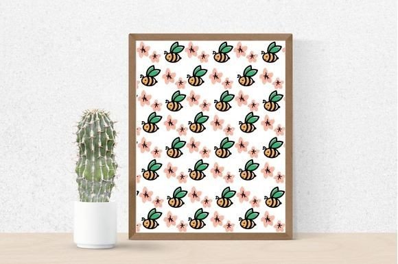 An image bees on a white background in brown frame and cactus in a pot.