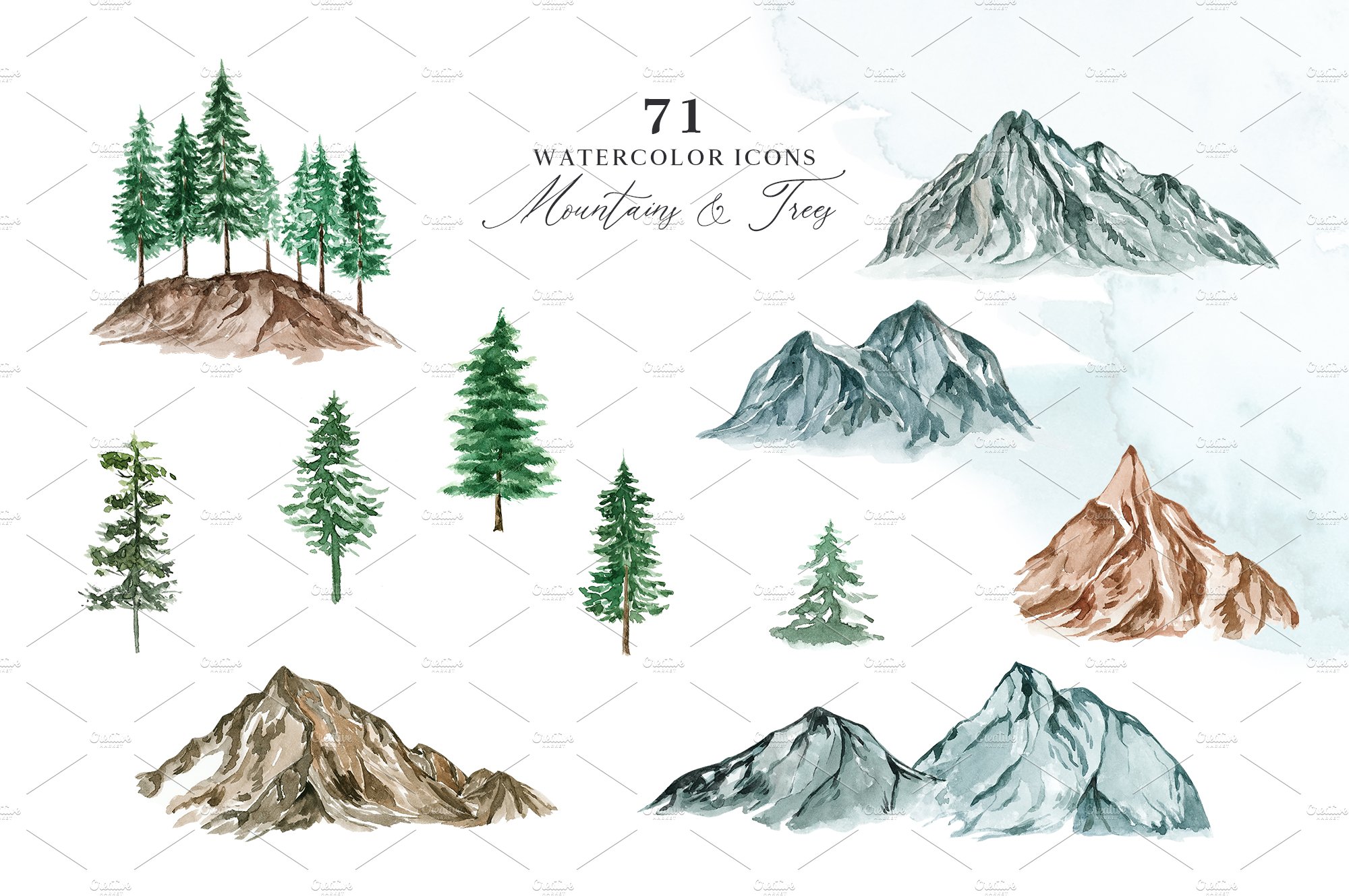 Mountains and trees watercolor clipart.