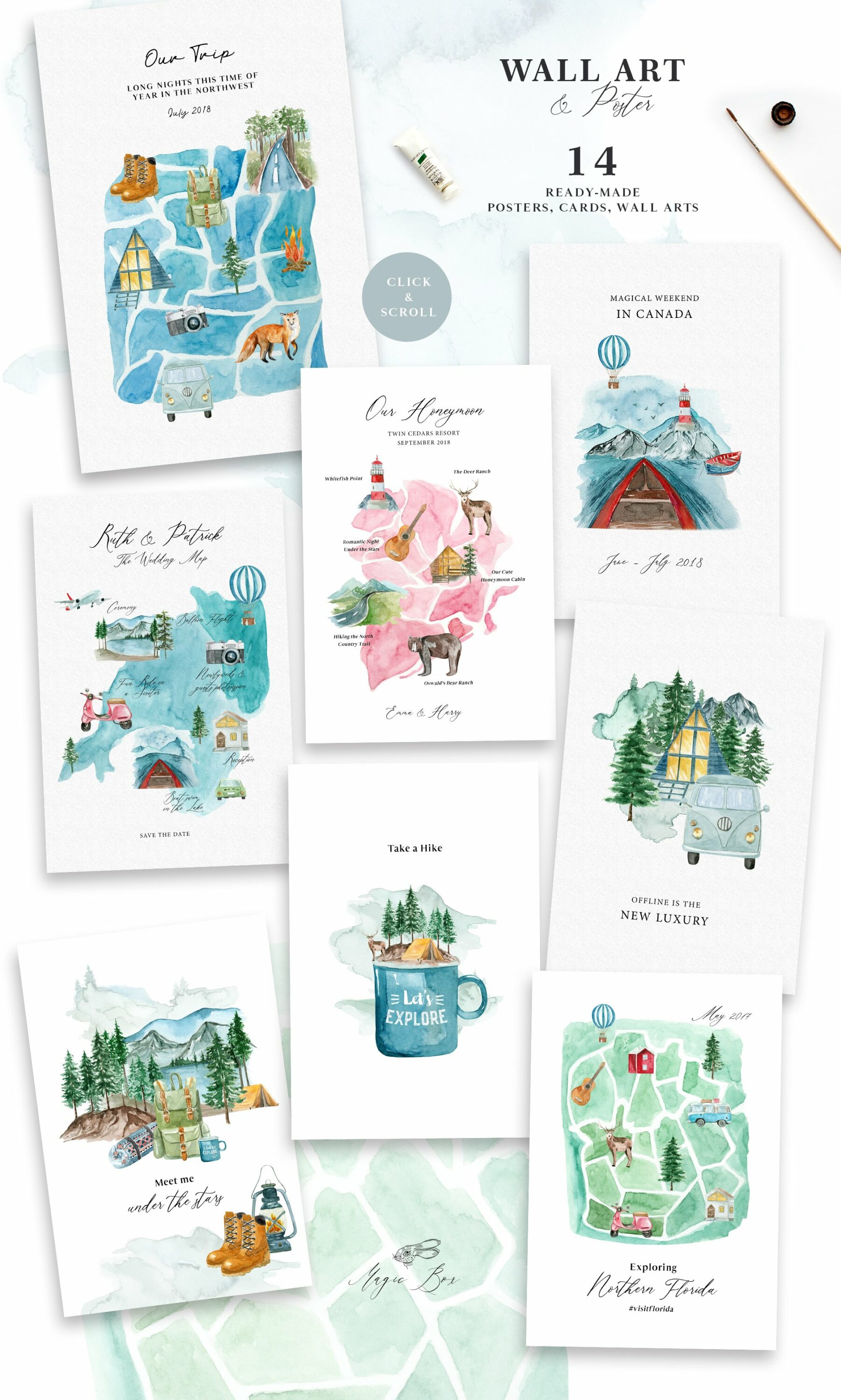 Various of cool cards with camping.