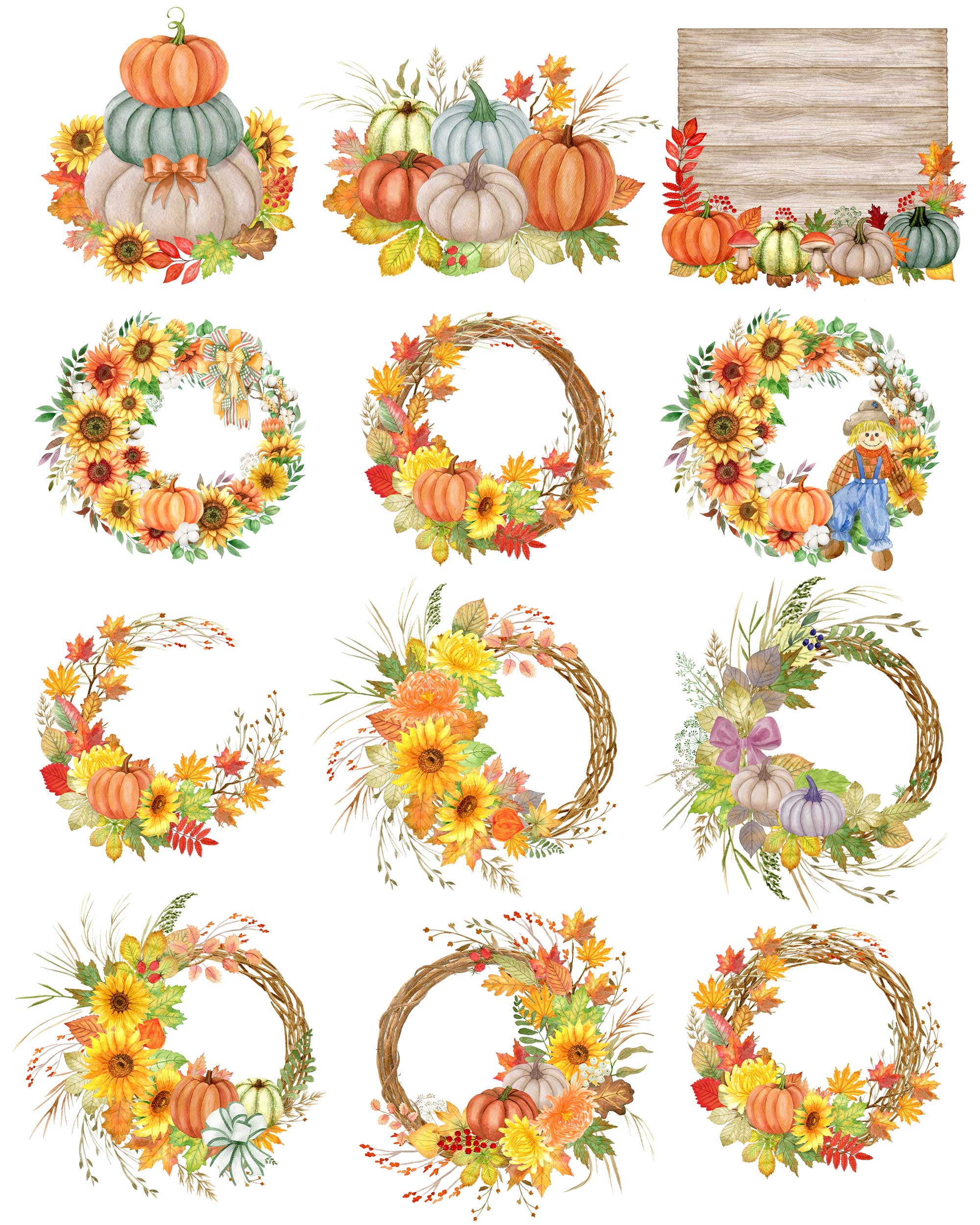 Watercolor Autumn Collection with Pumpkins, Leaves and Flowers.