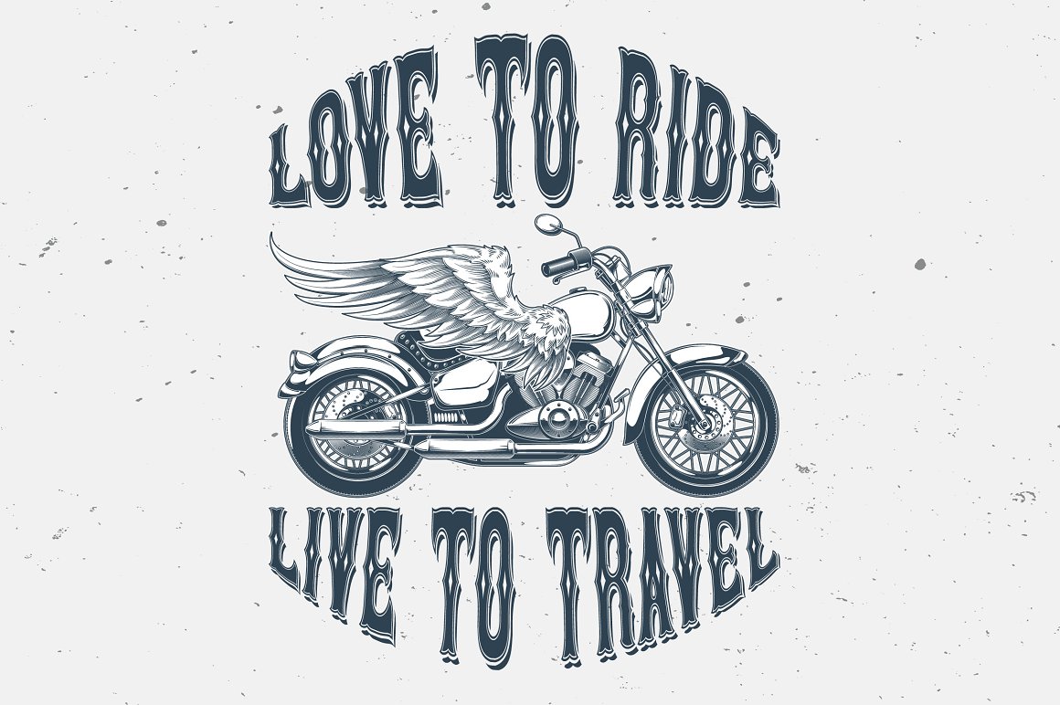 The dark grey lettering "Love to ride live to travel" with dark grey image bike on a grey background.
