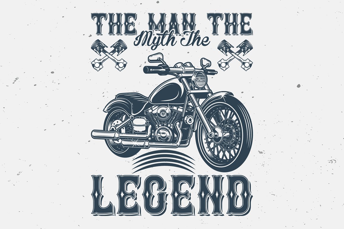 The dark grey lettering "The man the myth the legend" with dark grey image bike on a grey background.