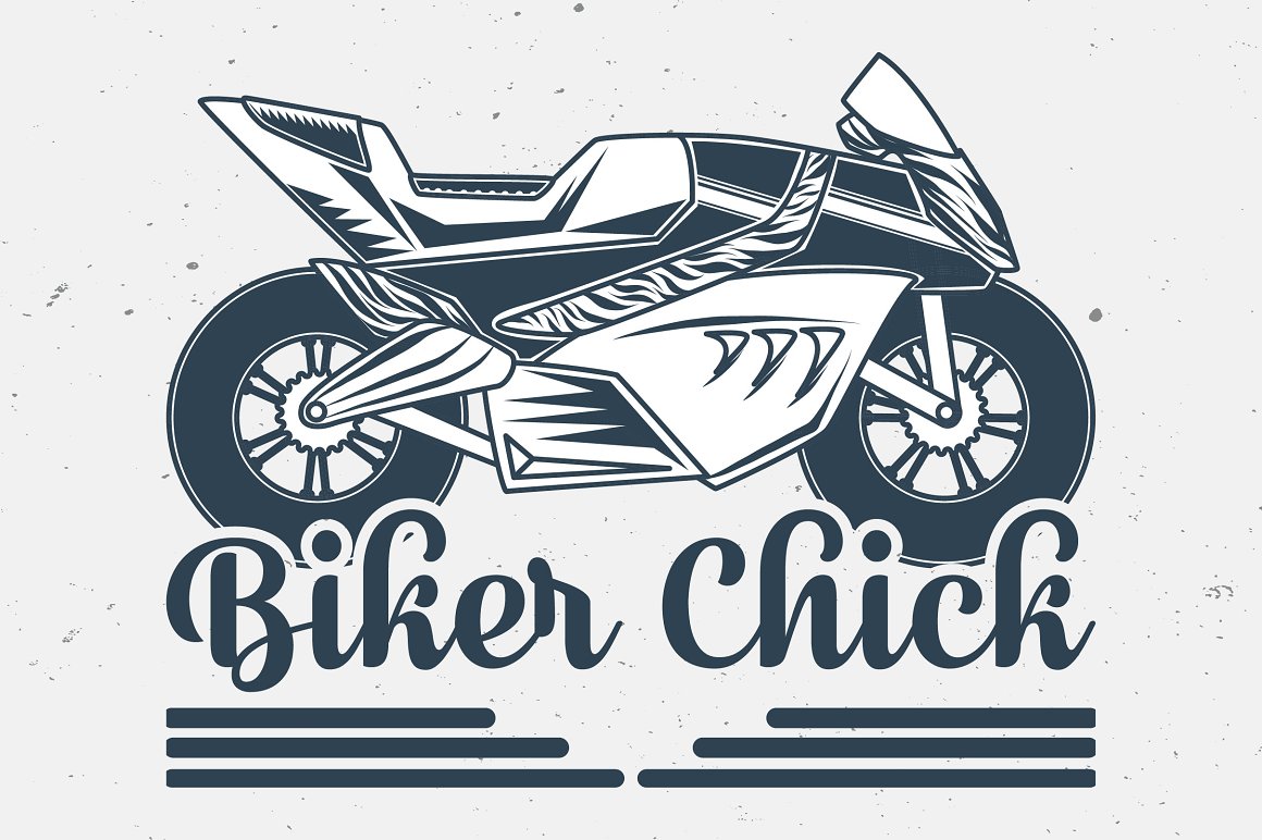 The dark grey lettering "Biker chick" with dark grey image bike on a grey background.