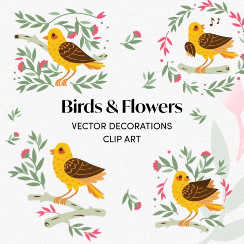 Birds and Flowers Vector Decorations.