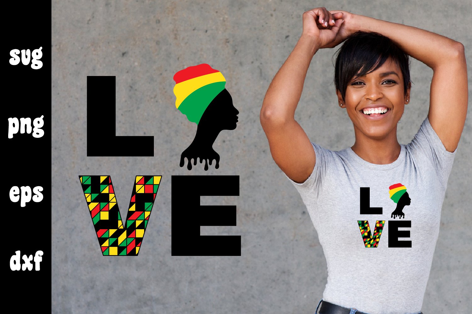 Gray t-shirt on an afro girl with a colorful print "Love".