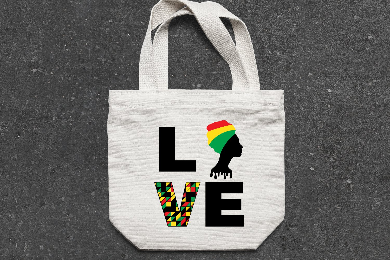 White bag with colorful print "Love" in black.