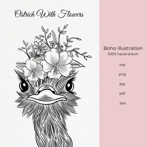 Boho illustration | Ostrich With Flowers.