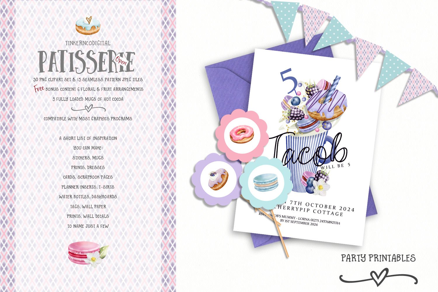 Lilac boys invitation and party printables for 5th birthday parties.