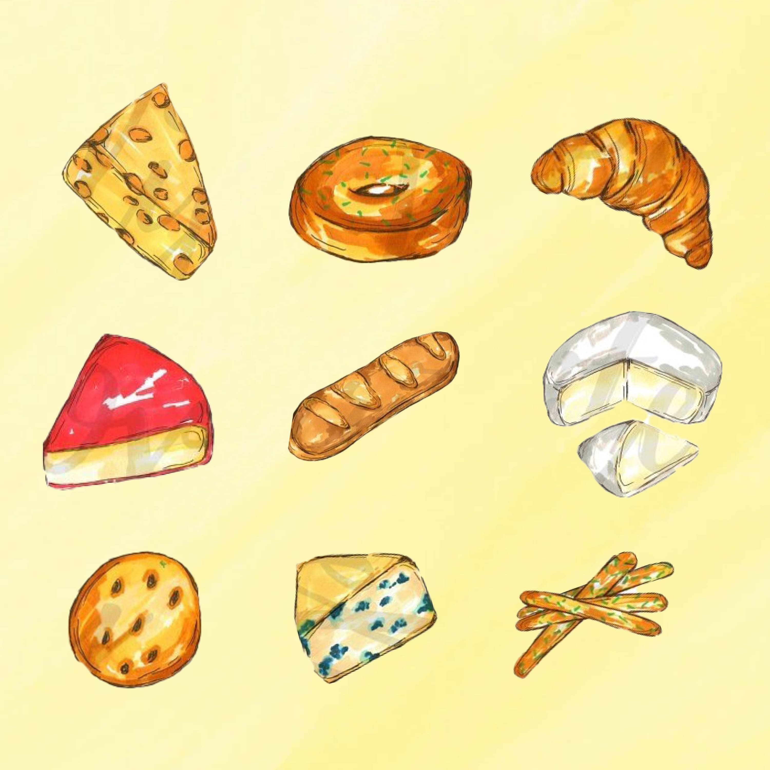 Set of colorful images of bread and hard cheese.