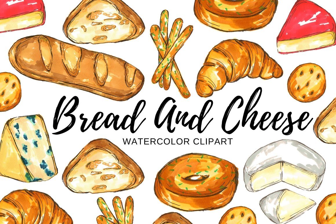 Collection of watercolor images of bread and cheese.