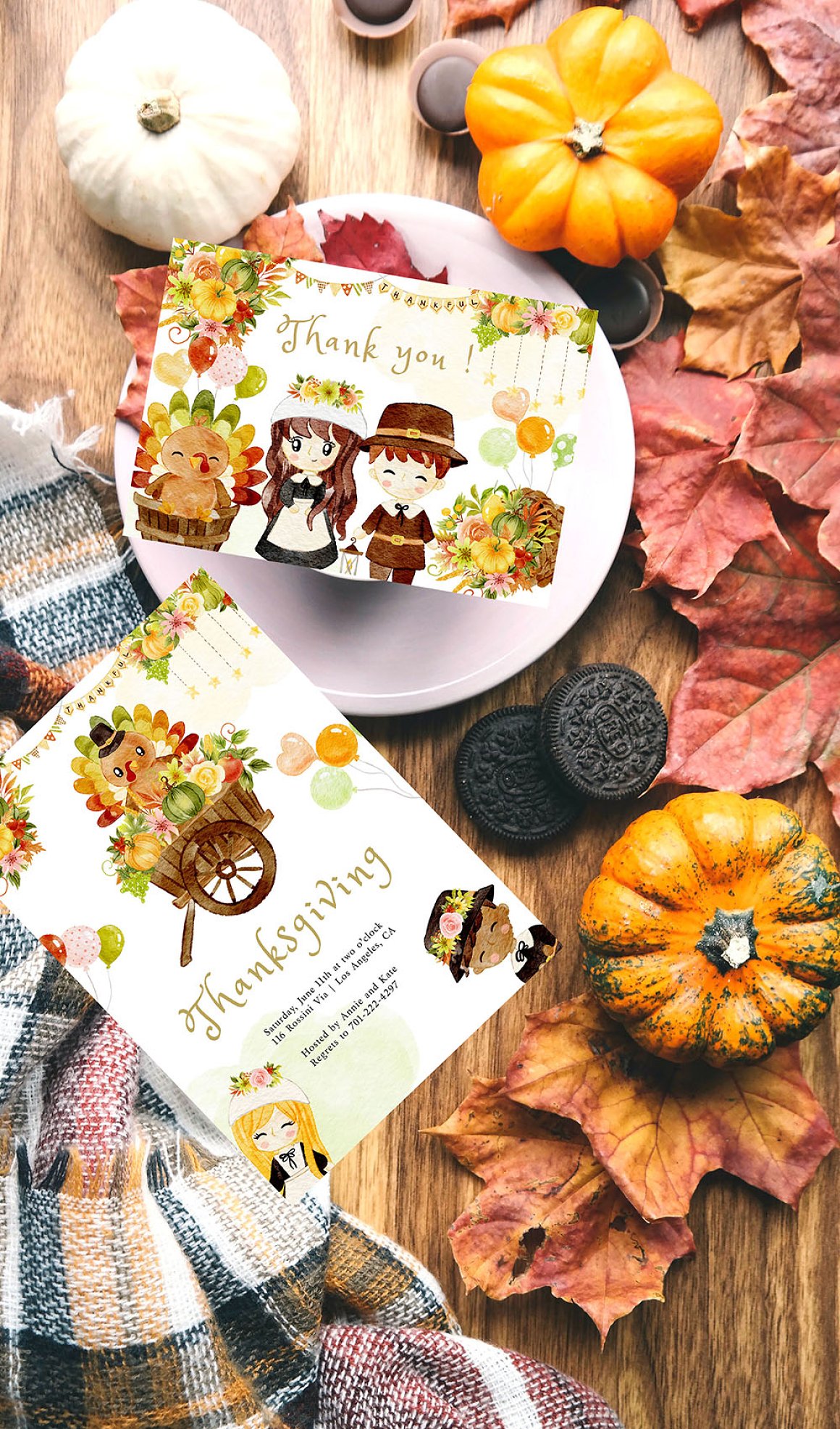 Festive greeting card with Thanksgiving illustration.