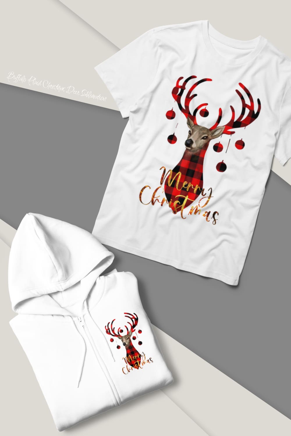 White t-shirt and hoodie with beautiful red Christmas deer print.