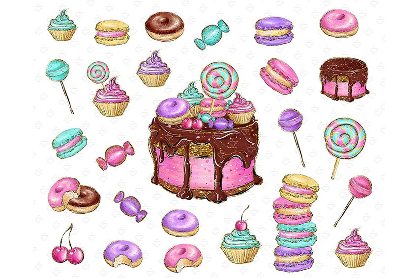 Lots of colorful sweets elements.