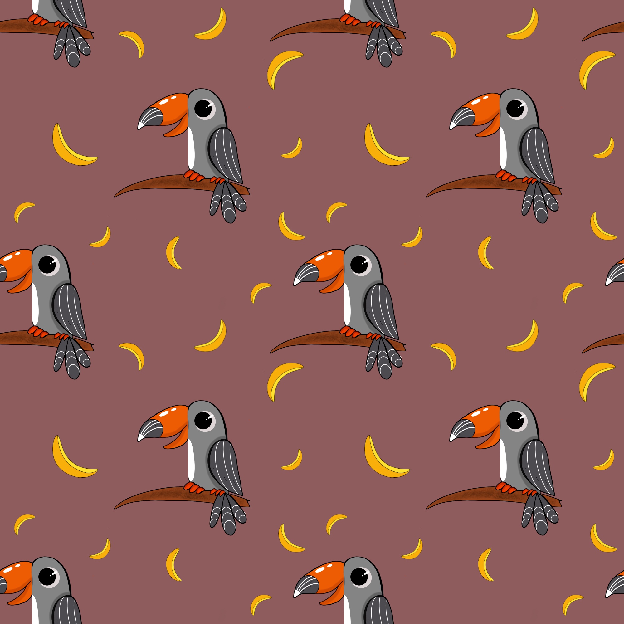 Cute Seamless Patterns With Dinosaur and Cockatoo, cockatoos on brown background.